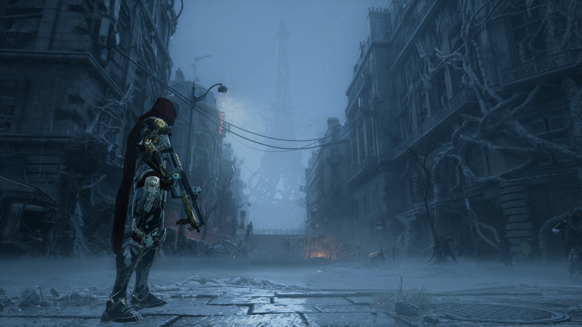 The armoured warrior in a ruined Paris street