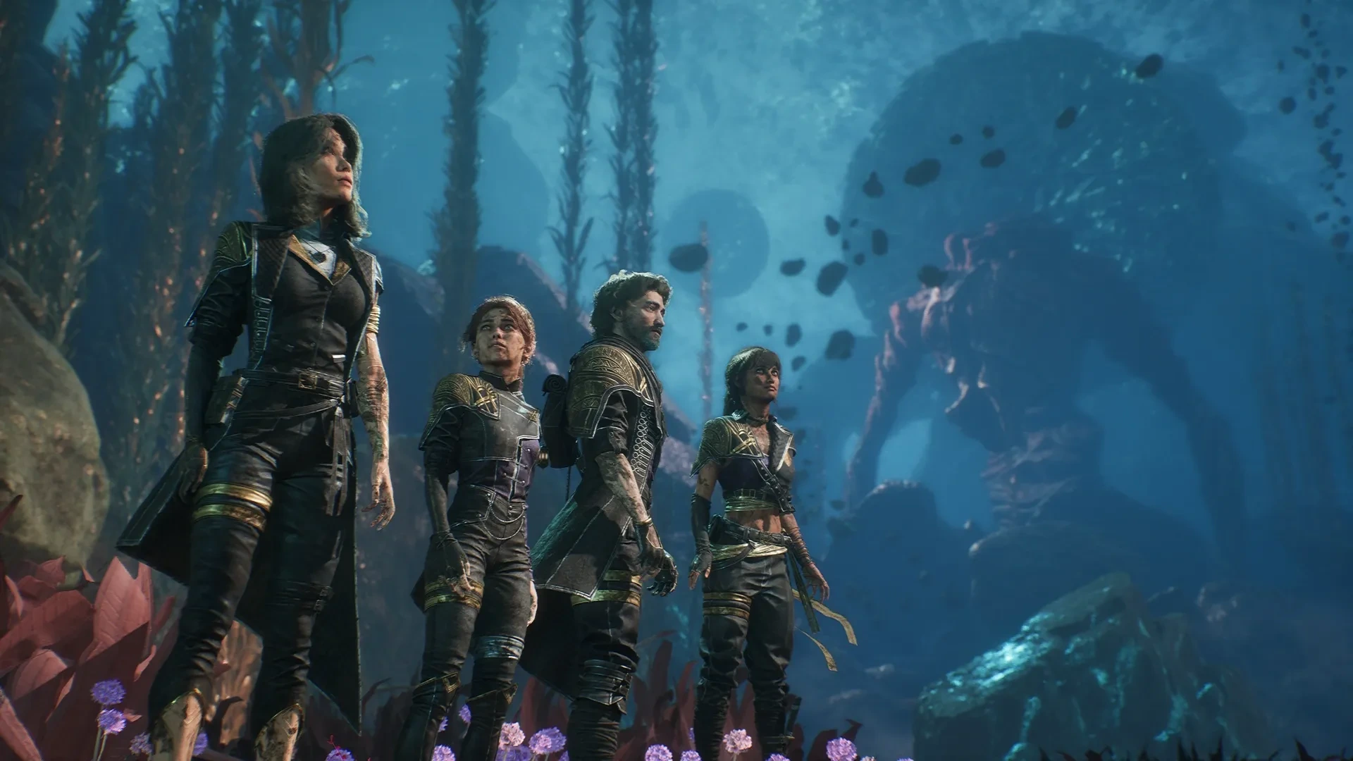 Expeditioners beneath immense blue structures