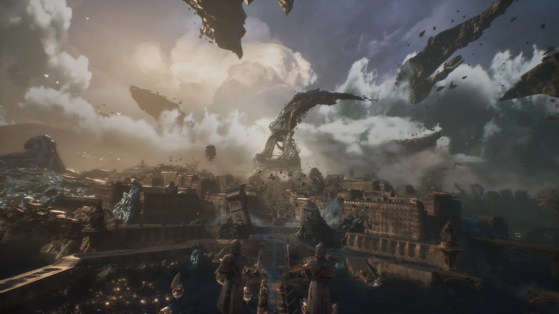 The game’s city beneath a fractured sky