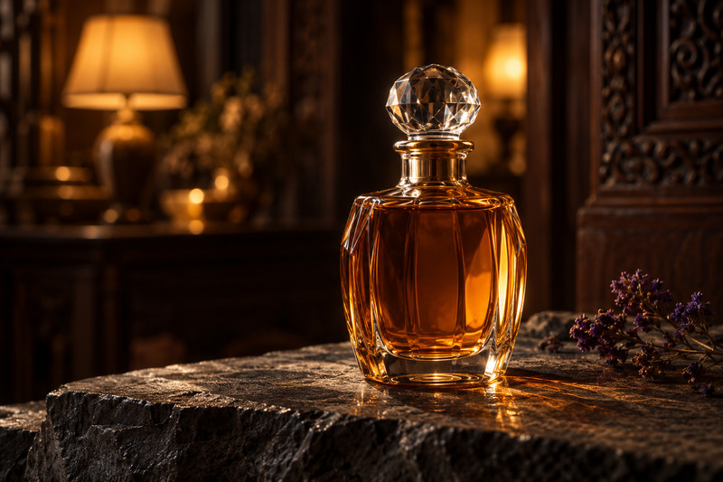 Illustrative product-ad scene of an unbranded glass bottle in warm amber light
