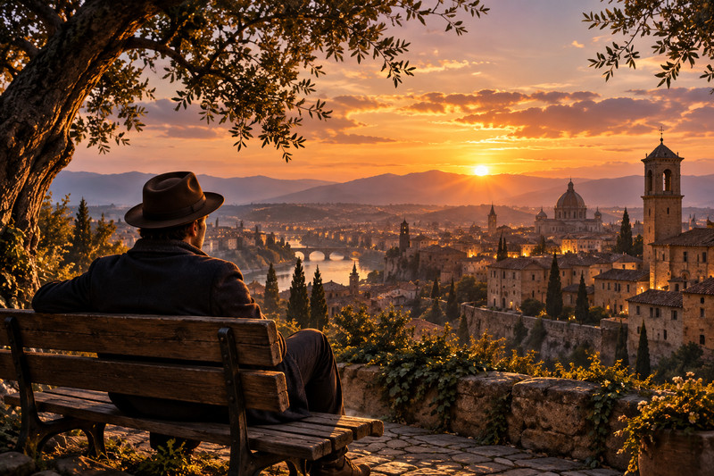 Illustrative cinematic scene of a traveller overlooking a warmly lit imagined world