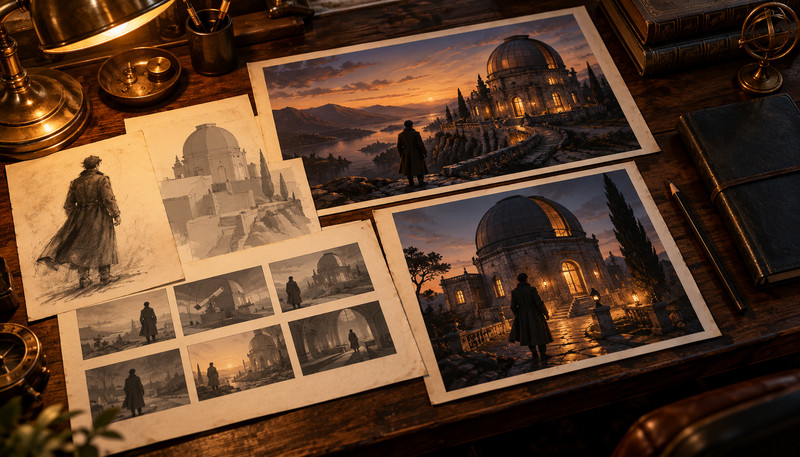 Illustrative director’s workbench with storyboards and visual references