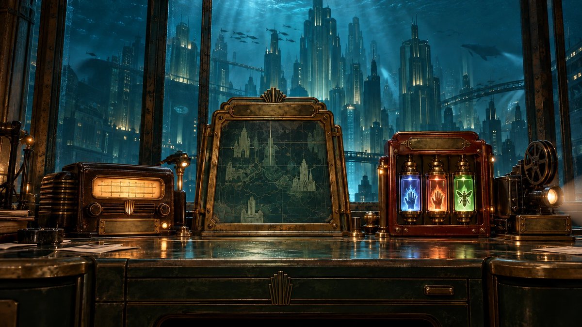 An illustrated underwater station, where a radio, city map, plasmid cabinet and projector form the website navigation