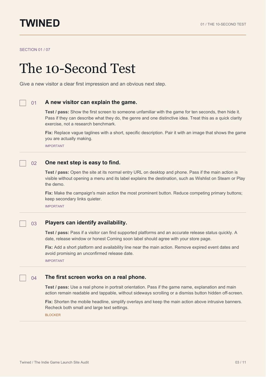 An interior checklist page with testing instructions, practical fixes and checkboxes