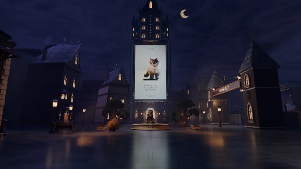 The After Hours arrival scene with its cat poster and illuminated Backlot entrance