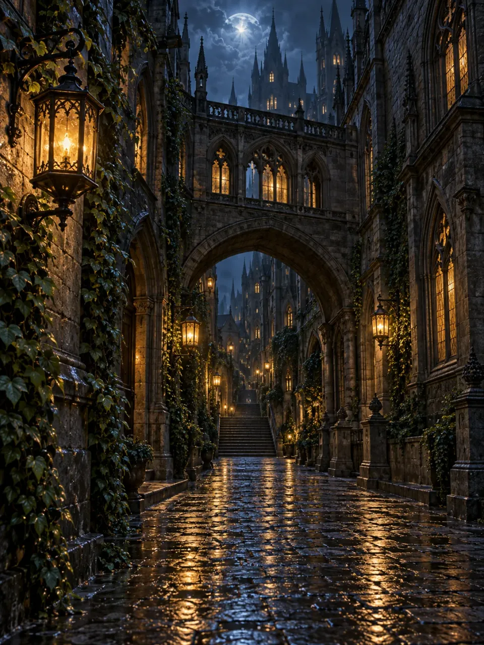 A lantern-lit path through Twined's atmospheric city setting