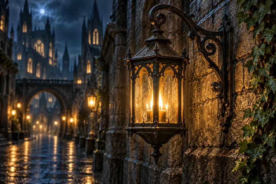 A warm lantern illuminating a city passage